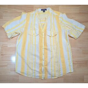 Roamans Womens 14W Yellow White Striped Seersucker Cotton Roll Tab Shirt